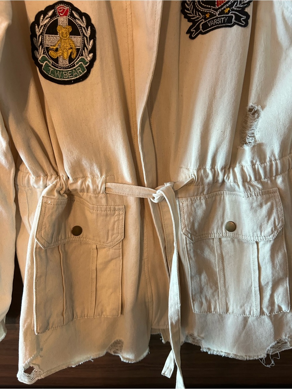 POL Cream Distressed Patch Utility Jacket with Drawstring Waist - Picture 6 of 11